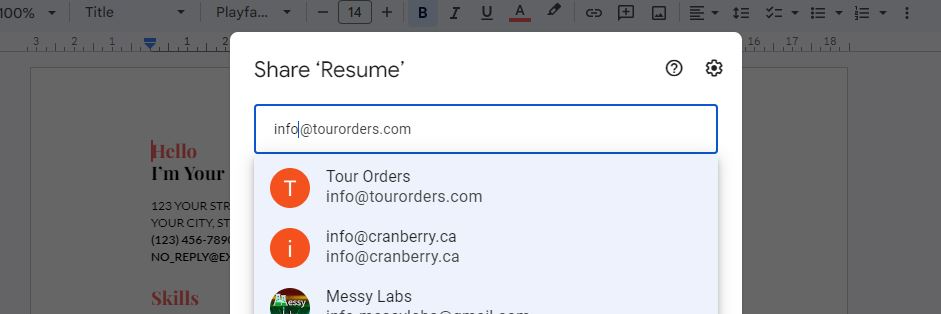 Blacked out screen with Share popup in middle. Text reads 'share resume' and then blank space to add email address