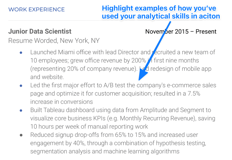 Include examples of analyzing data in the work experience section of your resume