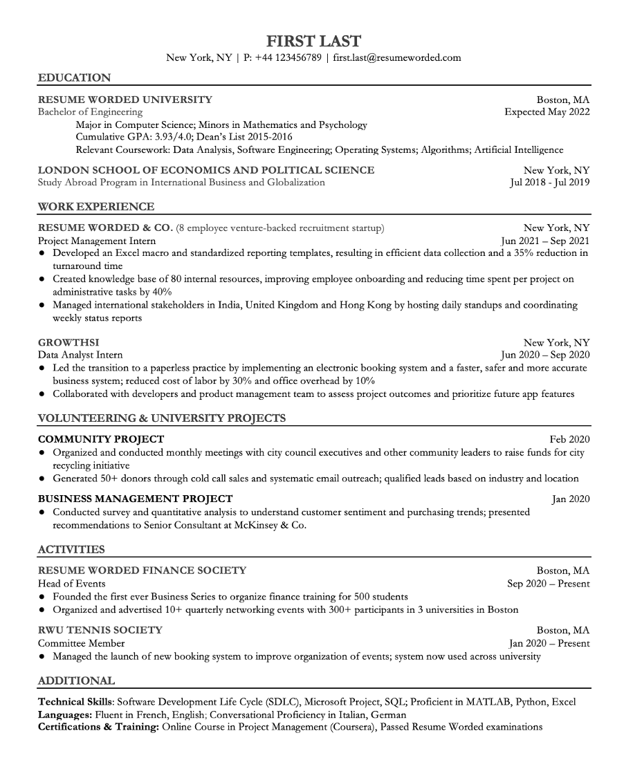 Example of a resume with a modern font and 1.0 line spacing