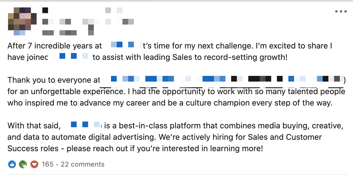 Sample LinkedIn post to announce a new job
