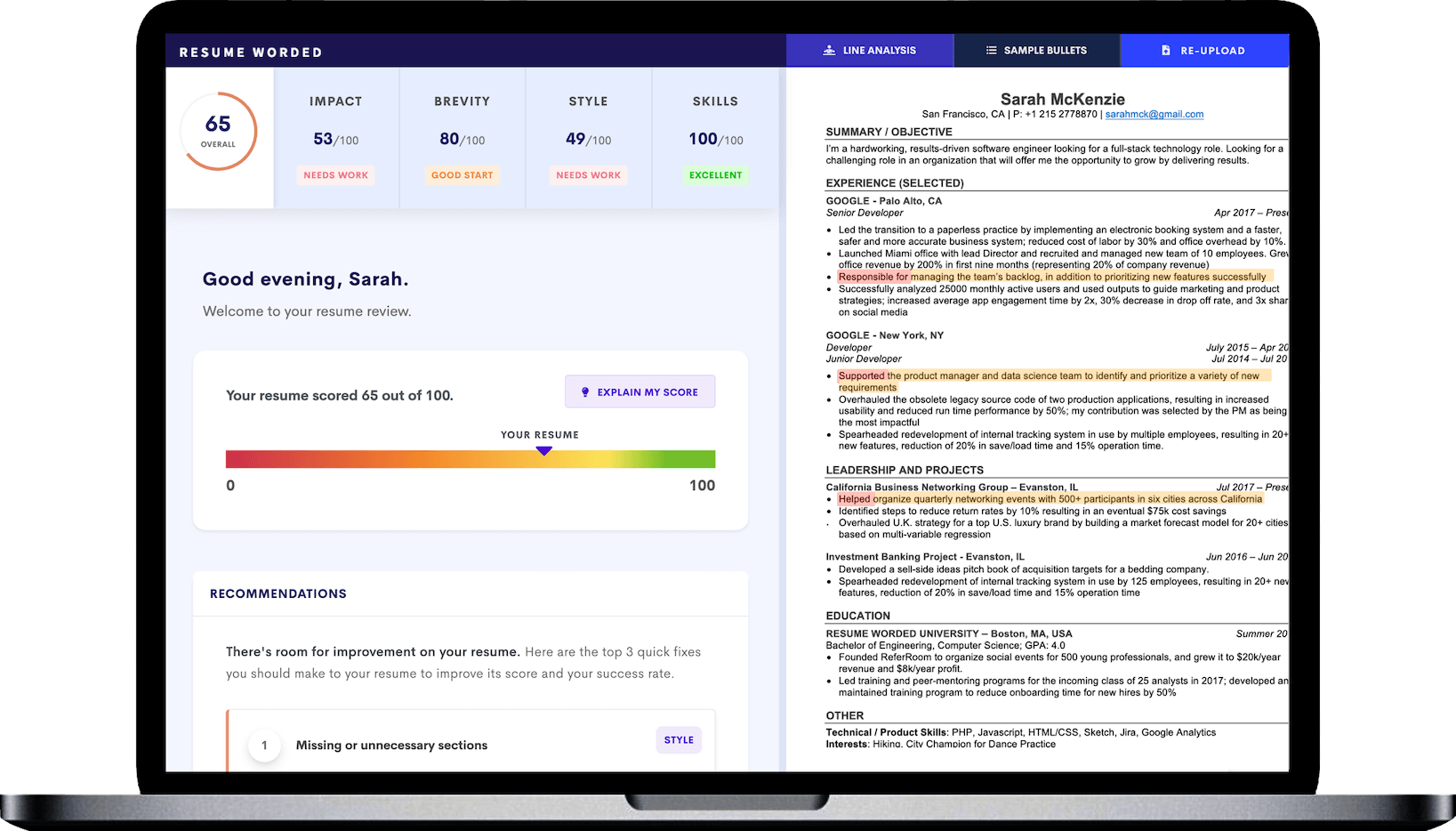 Resume Worded’s ‘Score My Resume’ tool offers expert feedback on your resume, instantly, for free
