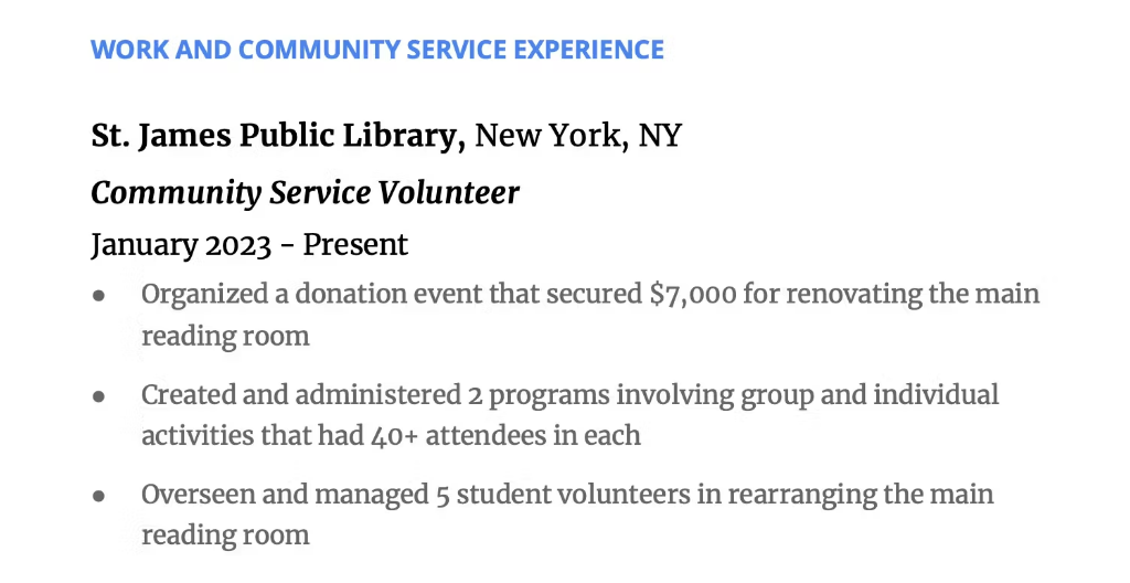Example of how to effectively list community service on your resume in your work experience section
