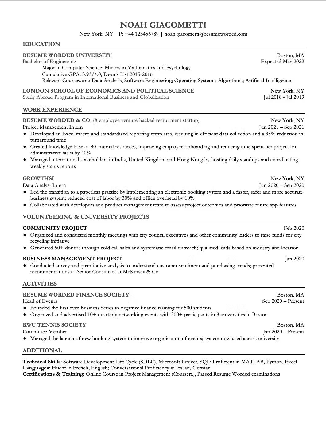 Example of a one-page resume for an entry-level position