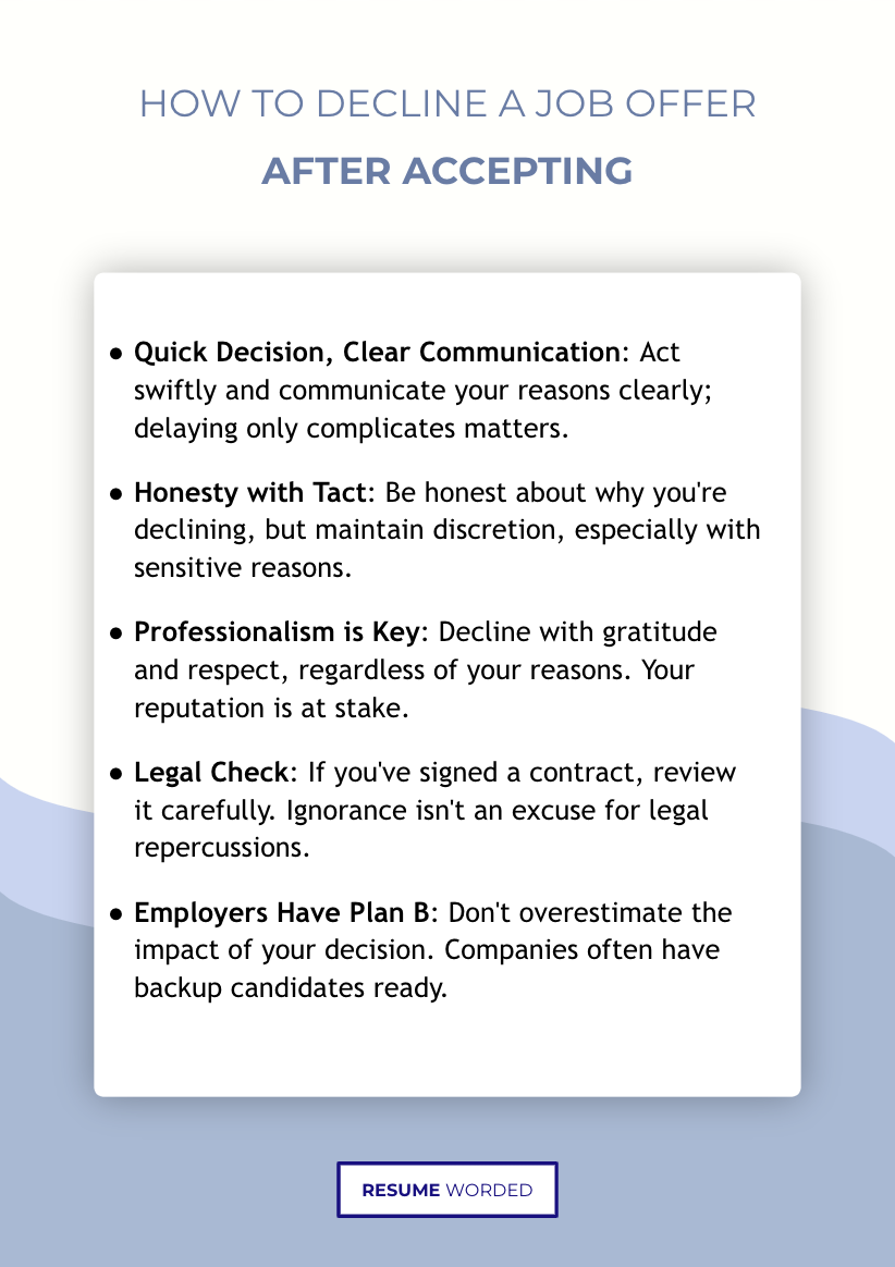 Key advice from a recruiter to consider when deciding how to decline a job offer after accepting it