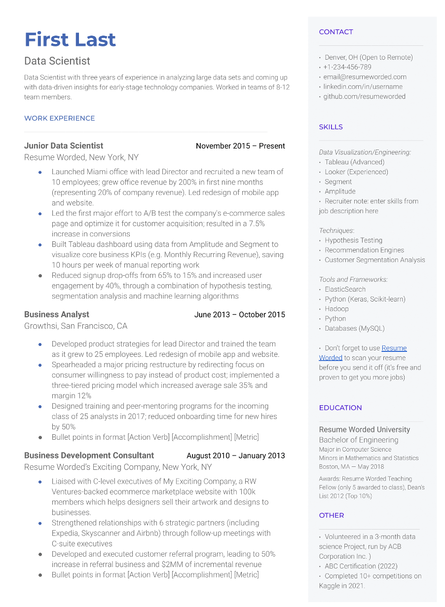 Example of a full resume demonstrating analytical skills