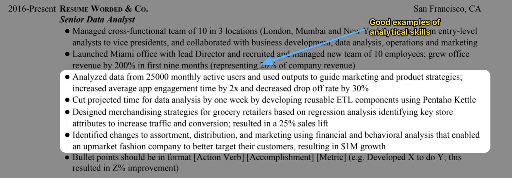 An example of how to show problem solving and analysis skills on a resume; discuss how you analyzed data and the impact it had on your company.