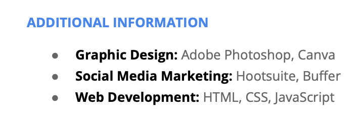 Example of how to list Canva in your resume Skills section