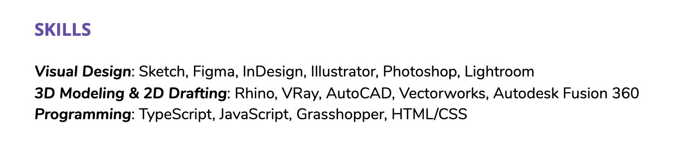 Example of grouping skills by functional domain on a resume