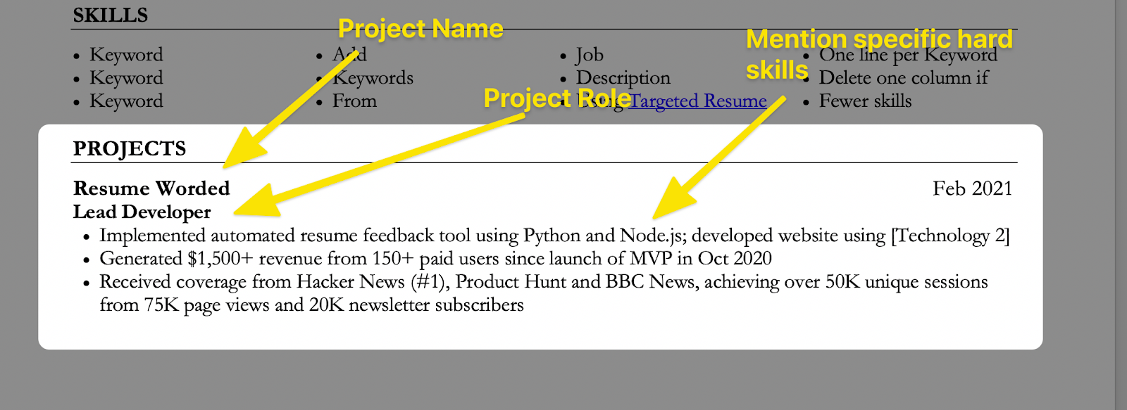 When listing projects on your resume, list 1-2 key skills or accomplishments and include a link to your portfolio