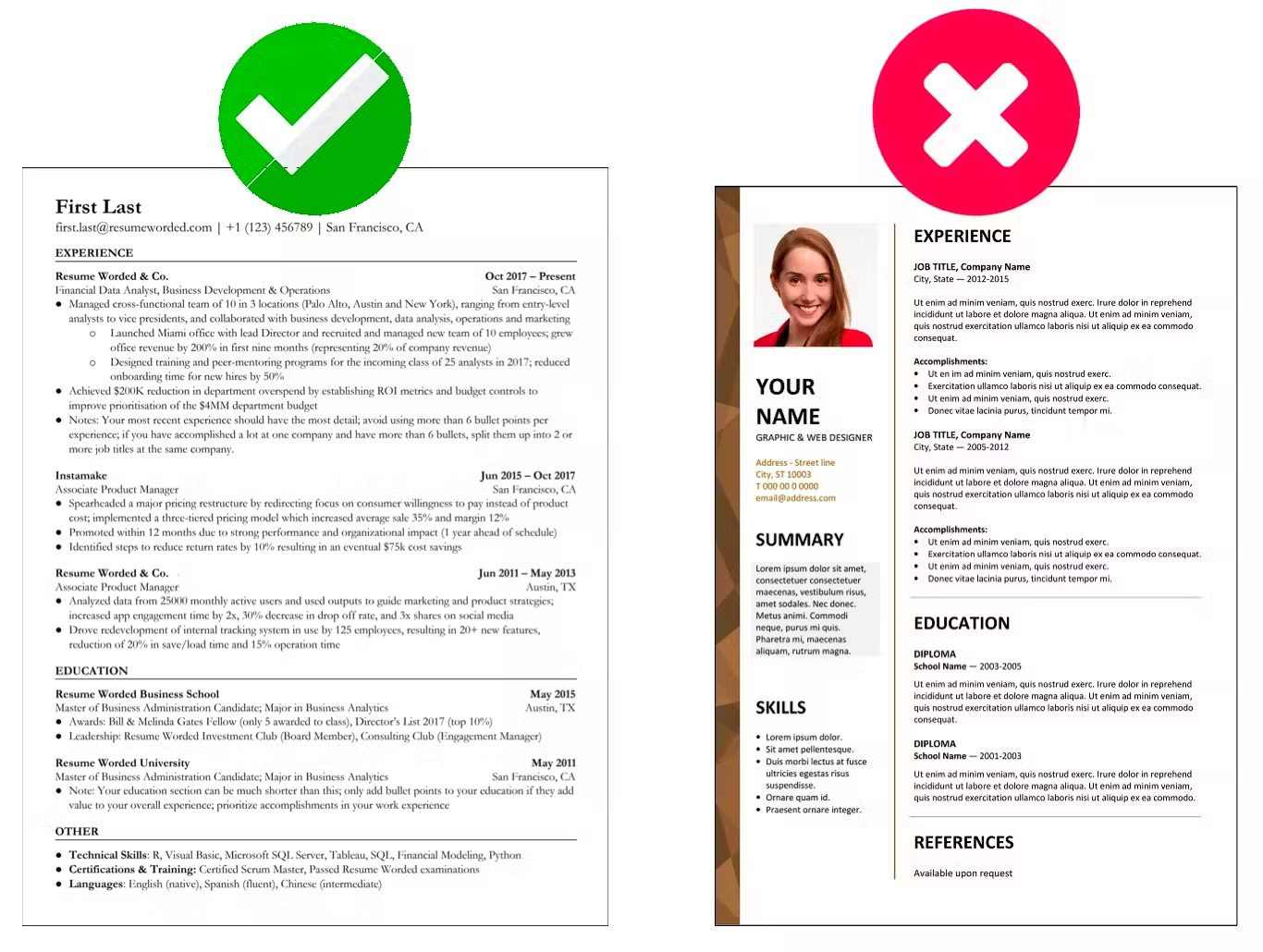 A bad resume example comparing traditional formatting to complex design layouts.