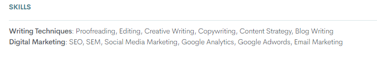 An excerpt from a resume demonstrating writing skills in the Skills section