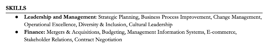 Use subheadings to highlight core competencies in the skills section of a 2-page resume