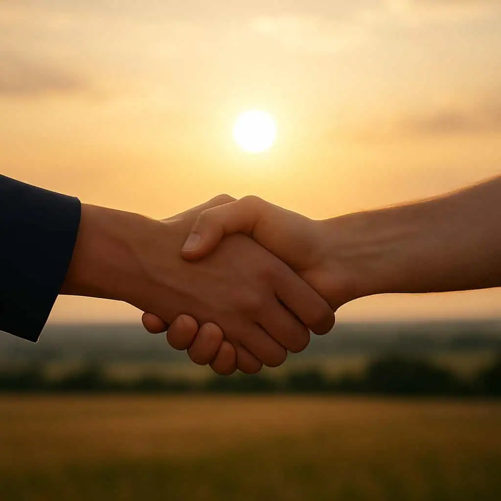 Two people shaking hands at sunset with the sun high in the sky, symbolizing unity and hope