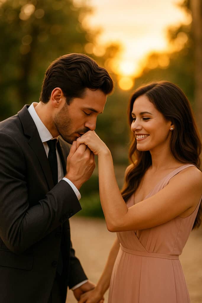 Romantic hand-kiss between a man and a woman outdoors at sunset