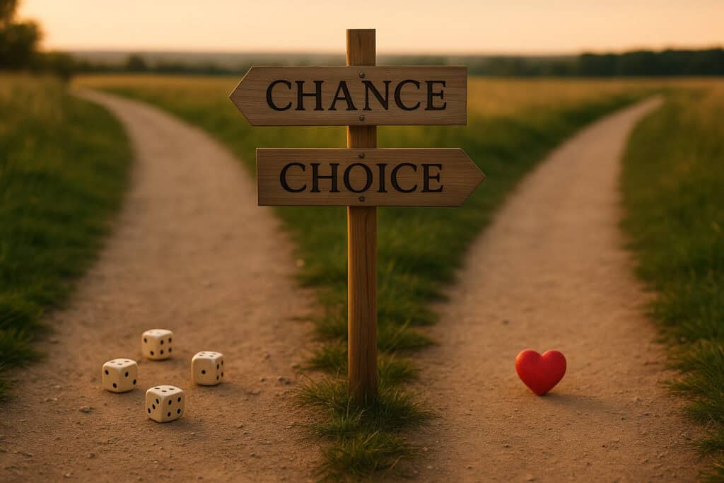 Wooden signpost at a fork in the road pointing left to Chance and right to Choice, with dice on one path and a red heart on the other