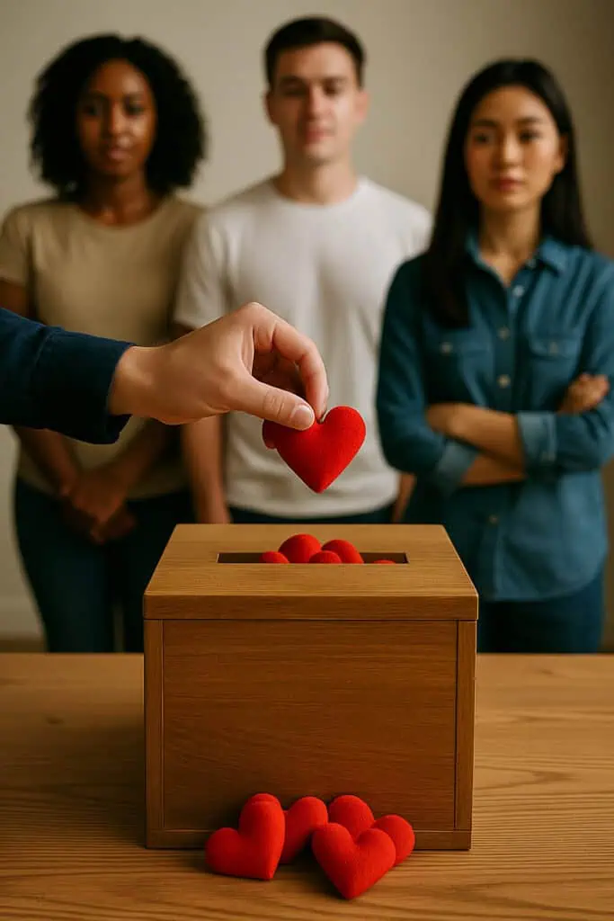 People voting with red heart tokens in a wooden ballot box, symbolizing democracy in choosing family