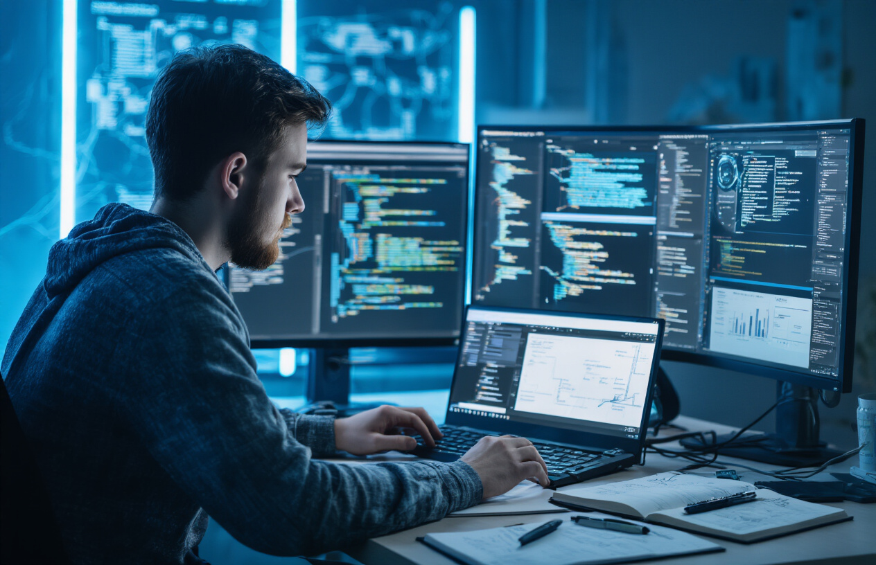 Create a realistic image of a computer screen displaying multiple website interfaces and vulnerability scanning tools, with a young white male cybersecurity researcher sitting at a modern desk, focused on analyzing target systems, surrounded by notebooks with handwritten research notes, multiple monitors showing network diagrams and web applications, in a dimly lit home office environment with blue screen glow illuminating his concentrated face, absolutely NO text should be in the scene.