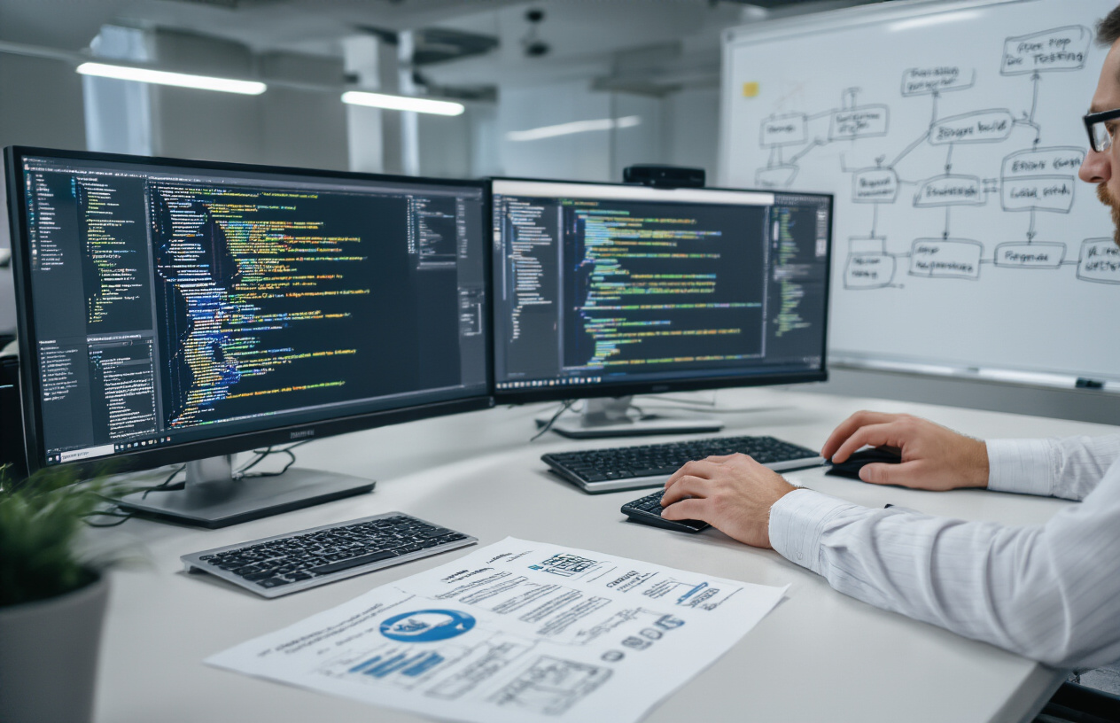 Create a realistic image of a modern office workspace showing systematic software testing in action, featuring a white male software tester sitting at a clean desk with dual monitors displaying code and testing interfaces, organized testing documentation and checklists spread across the desk, a whiteboard in the background with flowcharts and testing methodology diagrams, bright professional lighting, focused concentration mood, hands typing on keyboard while reviewing systematic testing procedures, clean organized environment with minimal distractions, absolutely NO text should be in the scene.