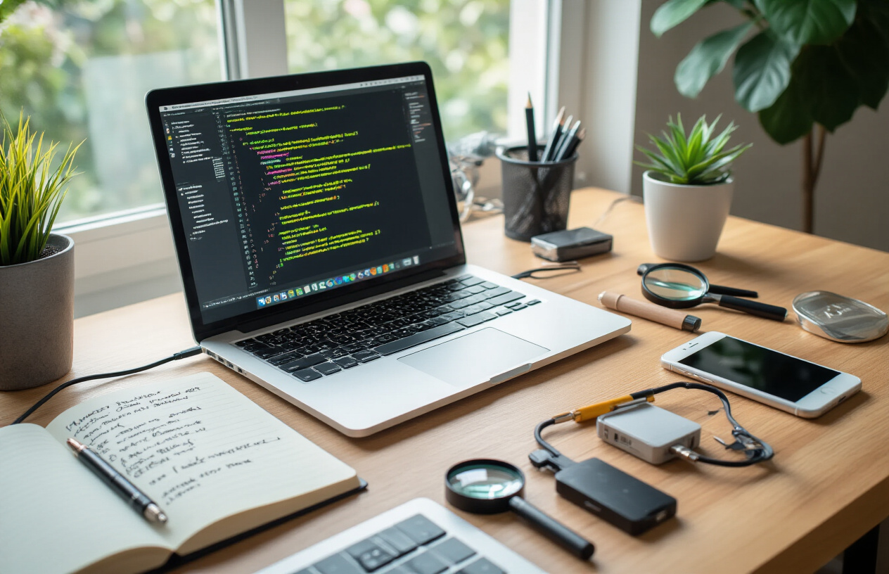 Create a realistic image of a modern computer desk setup with a laptop displaying code on the screen, surrounded by essential cybersecurity tools including a notebook with handwritten notes, a smartphone, multiple USB devices, a network cable, and a magnifying glass, all arranged on a clean wooden desk in a well-lit home office environment with soft natural lighting from a window, conveying a professional and focused atmosphere for digital security research, absolutely NO text should be in the scene.