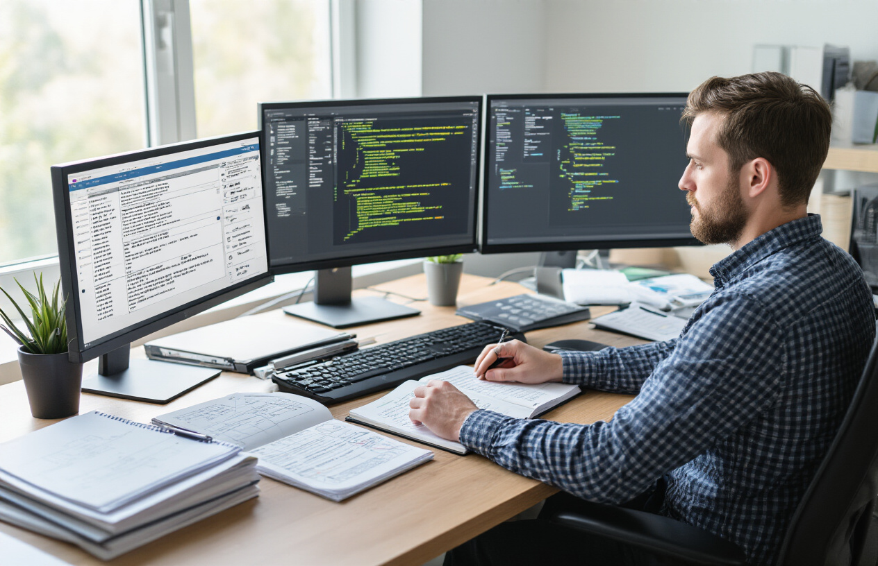 Create a realistic image of a white male software tester sitting at a modern desk with dual monitors displaying bug tracking software interfaces, surrounded by organized documentation including printed checklists, test case templates, and bug report forms neatly arranged on the desk, with a notebook open showing handwritten notes about bug reproduction steps, a pen in hand, soft natural lighting from a window creating a professional focused atmosphere in a clean office environment, absolutely NO text should be in the scene.