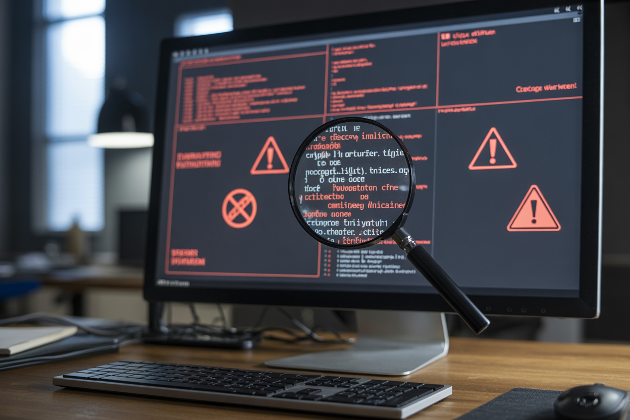 Create a realistic image of a computer monitor displaying a software interface with multiple red error indicators and warning symbols scattered across the screen, a magnifying glass positioned over a section of code highlighting a critical system vulnerability, danger warning icons in bright red and orange colors, a dark modern office environment with focused lighting on the screen, creating an atmosphere of urgency and technical analysis, absolutely NO text should be in the scene.