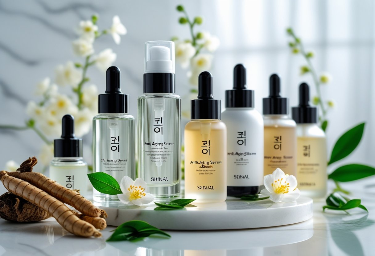 A collection of Korean anti-aging serum bottles displayed with natural ingredients on a white marble surface.