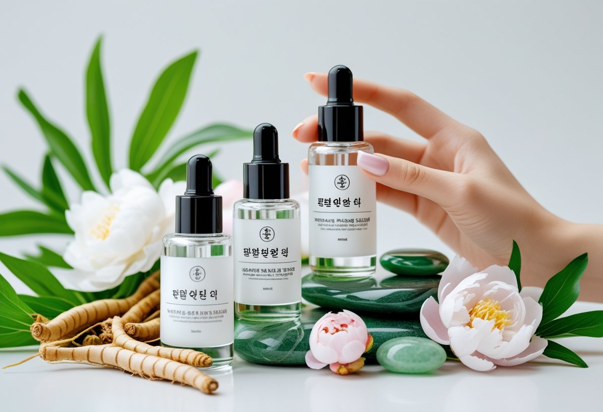 A hand holding a glass serum bottle surrounded by flowers, ginseng roots, and jade stones on a white background.