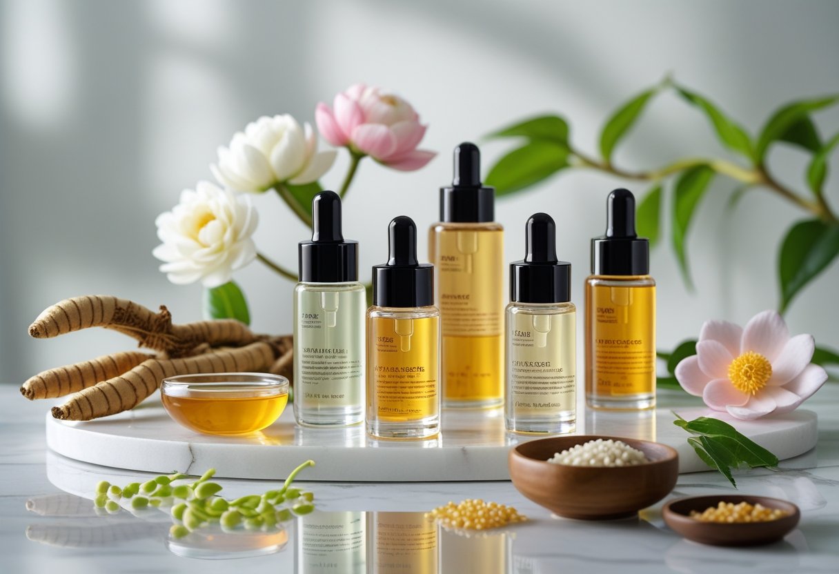 Several glass dropper bottles of Korean anti-aging serums arranged on a white marble surface with ginseng roots, camellia flowers, and natural ingredients nearby.
