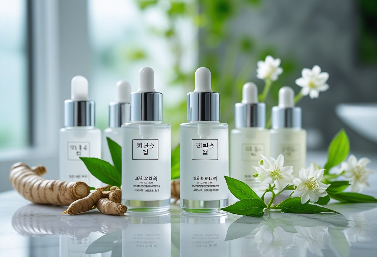 Several glass serum bottles on a white marble surface surrounded by green ginseng roots, tea leaves, and white flowers with a blurred bathroom background.