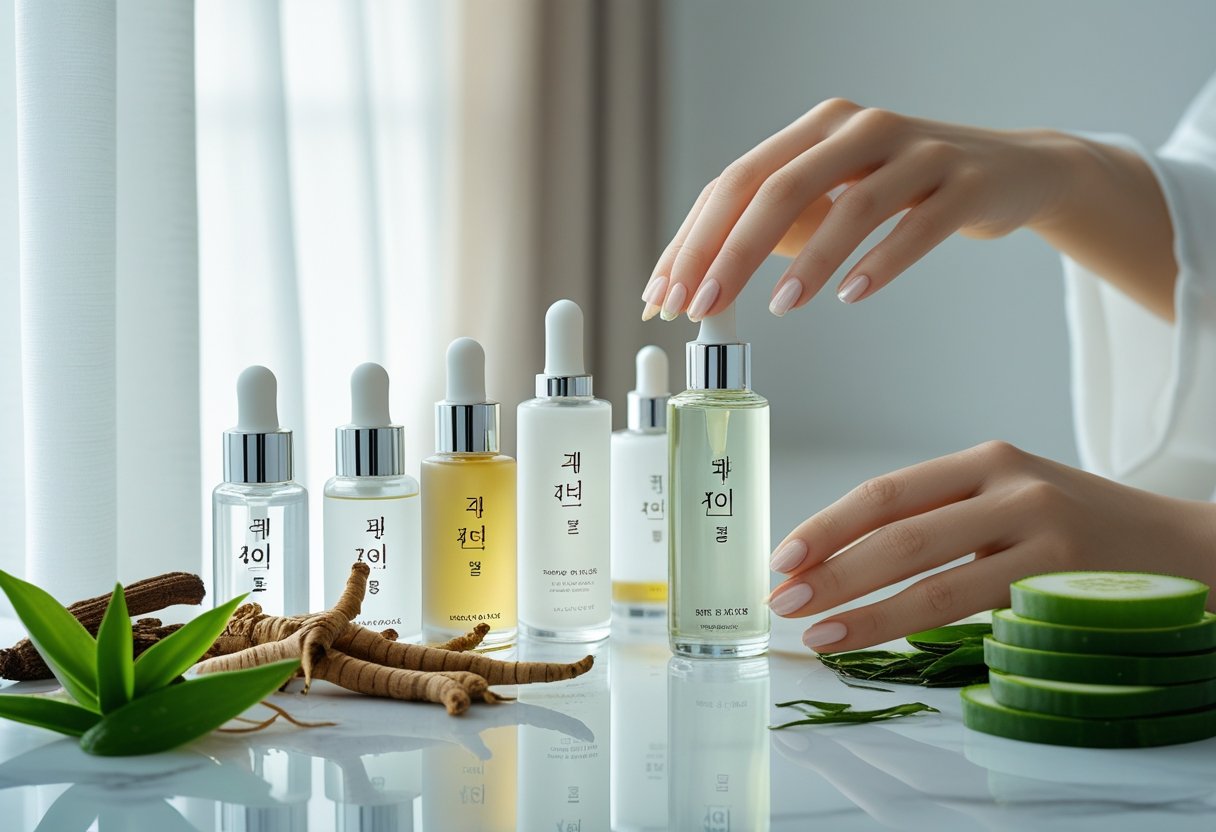 A close-up of hands holding a serum bottle among various skincare products and natural ingredients on a white countertop near a sunlit window.
