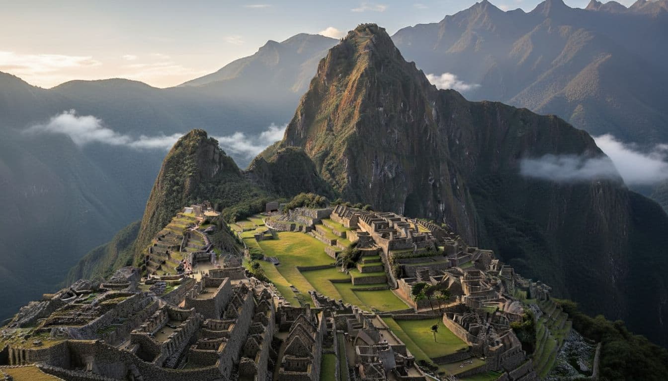 The historic stone ruins of Machu Picchu sit nestled along a lush, terraced mountain ridge in Peru.