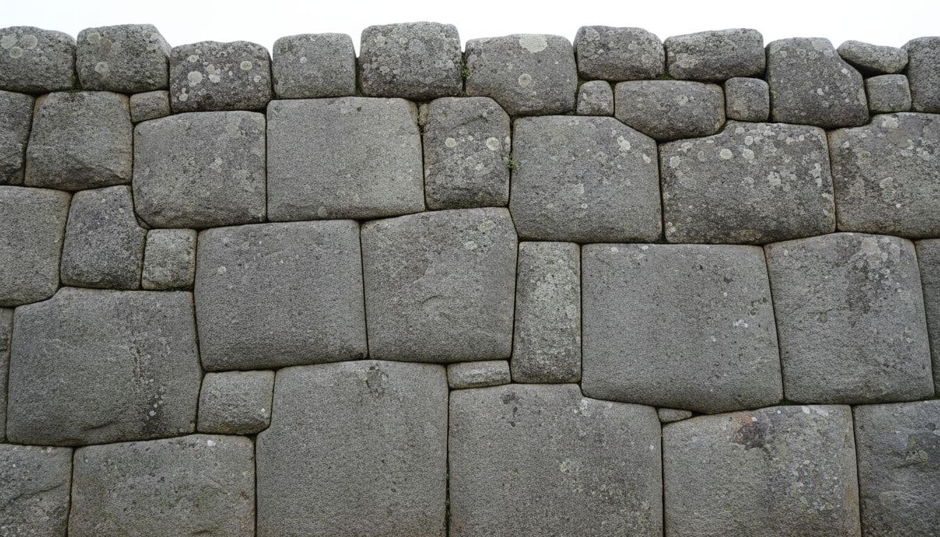 A close-up view shows tightly fitted, mortarless grey stones forming an ancient wall at Machu Picchu.