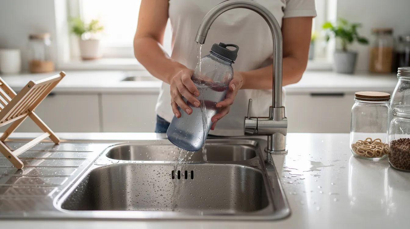 A person is washing a reusable insulated water bottle in a kitchen sink, ensuring it is clean for everyday use. The bottle, likely made of stainless steel, features excellent insulation technology to keep drinks cold or hot, highlighting its effectiveness in reducing plastic waste.