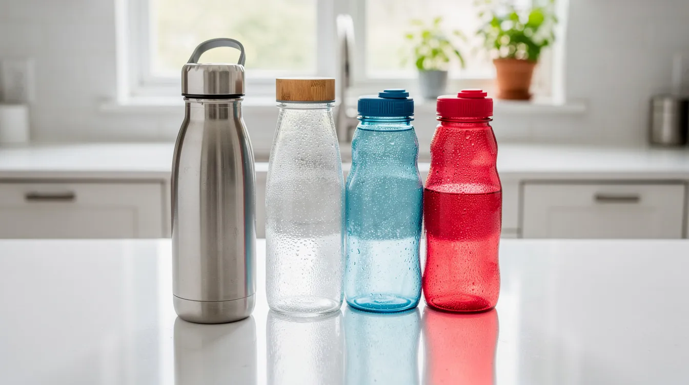 The image features several reusable water bottles, including stainless steel and plastic versions, arranged on a kitchen counter. These insulated water bottles, designed with double wall construction for excellent temperature retention, are perfect for keeping drinks cold or hot, showcasing a variety of styles and lid designs for everyday use.
