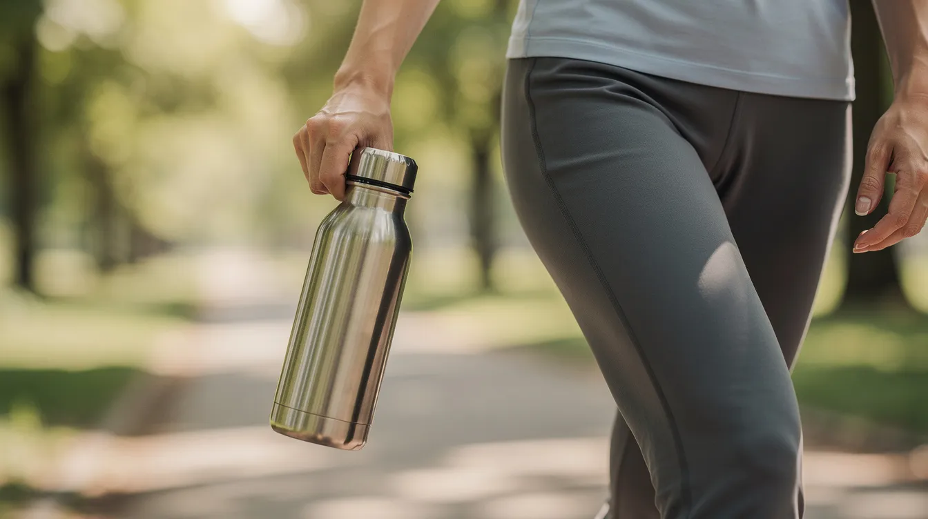 A person is walking outdoors while carrying a stainless steel insulated water bottle, designed to keep drinks cold or hot thanks to its double wall construction and vacuum insulation. This reusable water bottle is an excellent choice for staying hydrated during outdoor activities, reducing plastic waste, and enjoying beverages at the desired temperature.