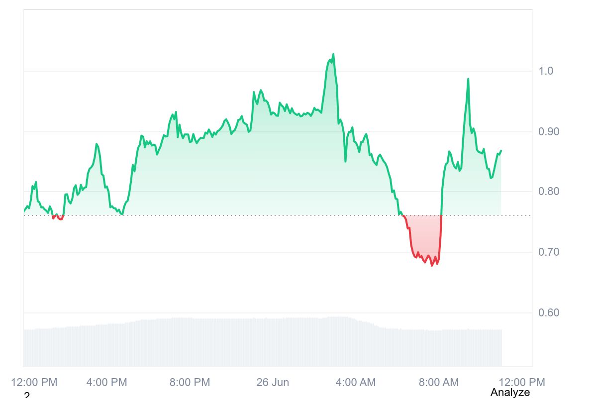 MemeCore (M) one-day price chart showing intraday volatility following the June 2026 market correction.