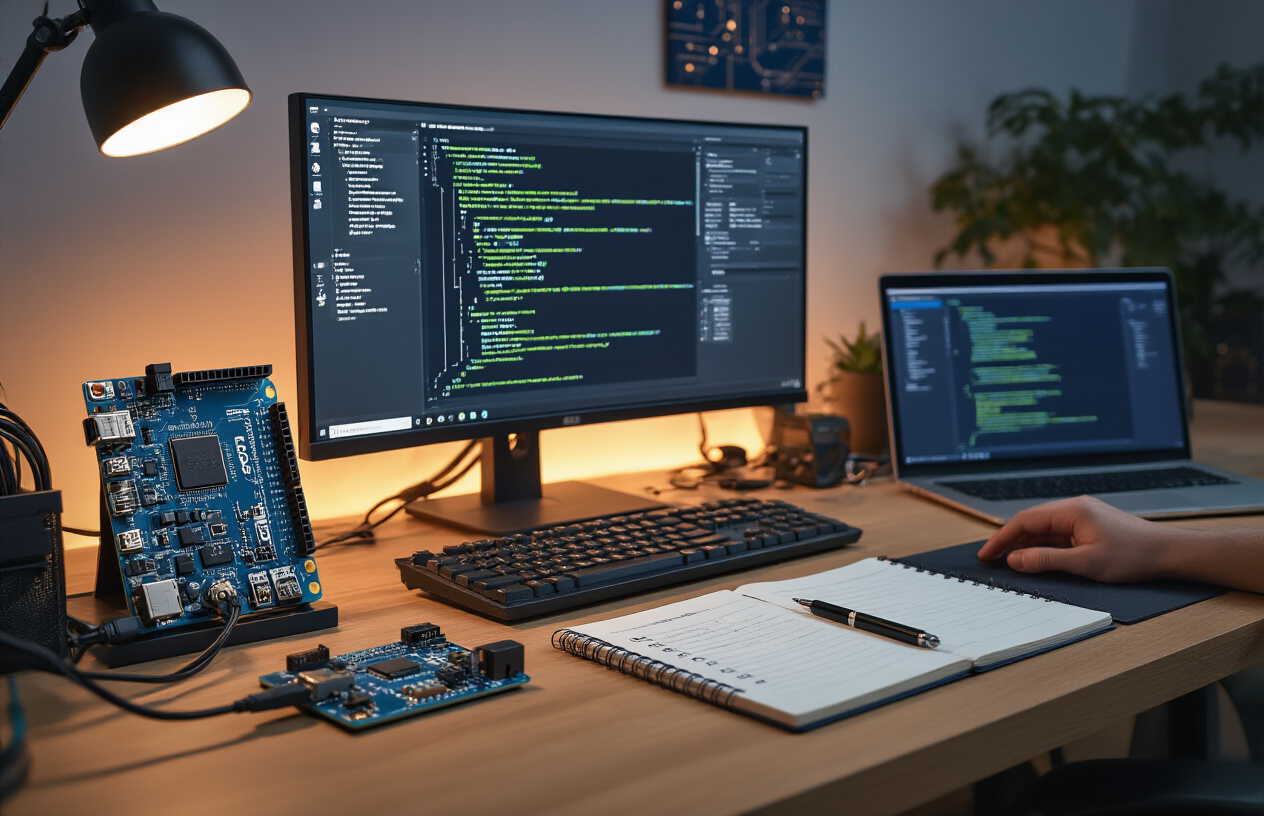 Create a realistic image of a modern desk setup showing a computer monitor displaying system specifications, surrounded by various electronic components including an Arduino board, USB cables, and a laptop, with a clean organized workspace featuring a checklist notebook and pen, warm ambient lighting from a desk lamp, professional home office environment with subtle tech-focused background elements like circuit board patterns on wall art, absolutely NO text should be in the scene.