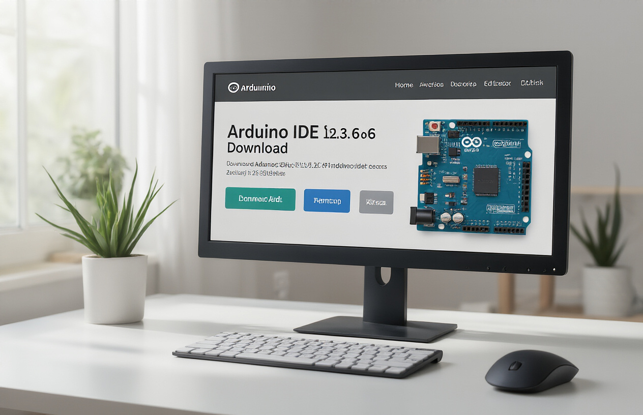 Create a realistic image of a modern computer monitor displaying the official Arduino website download page with the Arduino IDE 2.3.6 software visible on screen, showing download buttons and version information, with a clean white desk setup featuring a wireless mouse and keyboard, soft natural lighting from a nearby window, and a minimalist office environment in the background, absolutely NO text should be in the scene.