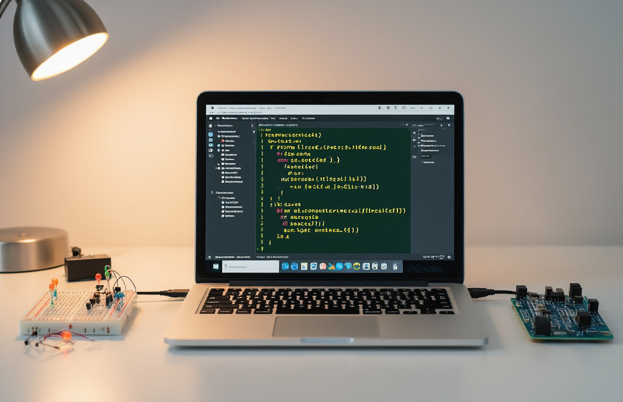 Create a realistic image of a clean modern workspace with an open laptop displaying the Arduino IDE interface with visible code editor and sample project files, an Arduino Uno board connected via USB cable to the laptop, small electronic components like LEDs and resistors scattered on the desk, a breadboard with simple circuit connections, warm desk lamp lighting creating a focused working atmosphere, and a neutral background. Absolutely NO text should be in the scene.