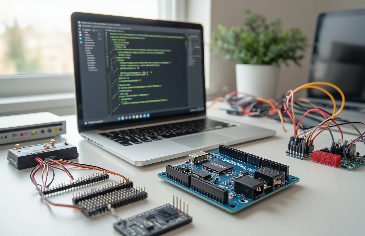 Create a realistic image of an Arduino microcontroller board prominently displayed on a clean, modern desk setup with a laptop computer showing the Arduino IDE 2.3.6 interface on the screen, surrounded by electronic components like resistors, LEDs, and jumper wires neatly arranged, soft natural lighting from a window creating a professional workspace atmosphere, conveying a sense of accomplishment and successful project completion, absolutely NO text should be in the scene.