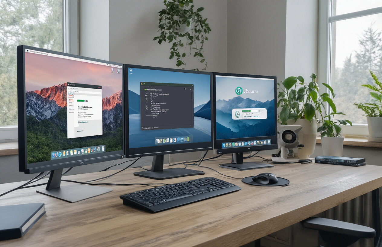 Create a realistic image of three computer screens side by side displaying different operating system desktop environments - Windows 11, macOS, and Ubuntu Linux - each showing a partially downloaded Arduino IDE installer file in their respective download folders, with installation progress indicators visible on each screen, set against a clean modern desk setup with good natural lighting from a window, and a subtle tech workspace atmosphere. Absolutely NO text should be in the scene.