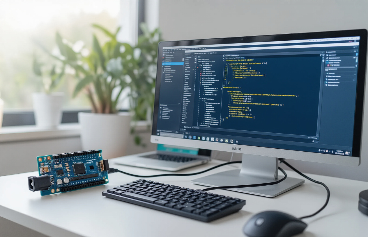 Create a realistic image of a computer monitor displaying the Arduino IDE 2.3.6 interface with configuration settings windows open, showing preference panels and setup options, with a clean modern desktop workspace featuring an Arduino Uno board connected via USB cable, a keyboard and mouse visible on a white desk, soft natural lighting from the side, focused on the software configuration process, professional tech environment atmosphere, absolutely NO text should be in the scene.