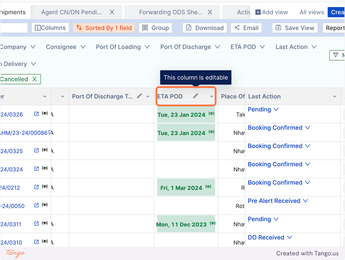 In Shipment workspace look for columns with Pencil icon that say "Column is editable". These are the columns that you can edit from report view.