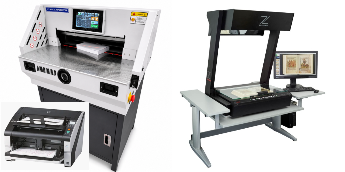 The image shows two book scanning machines