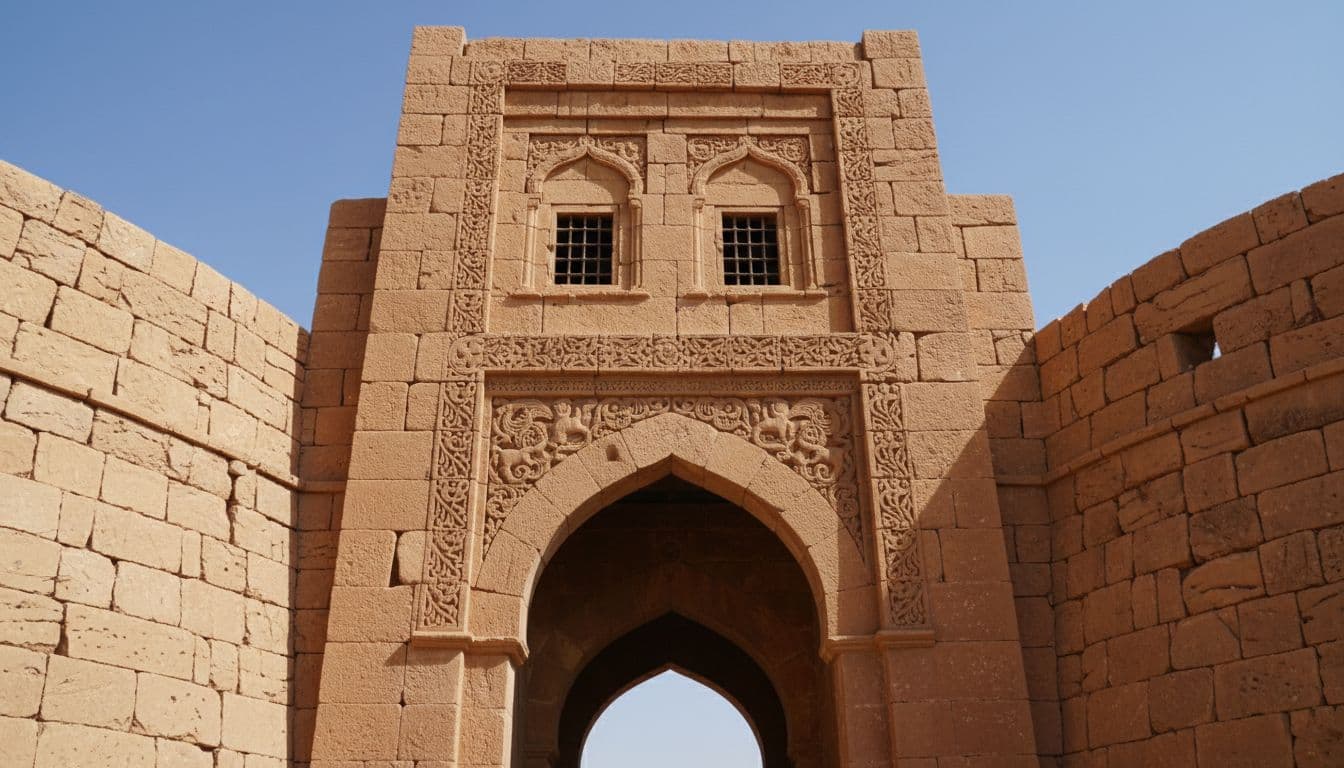 Low-angle view of tall sandstone archway gate with carvings and arched windows in stone fort walls under blue sky.