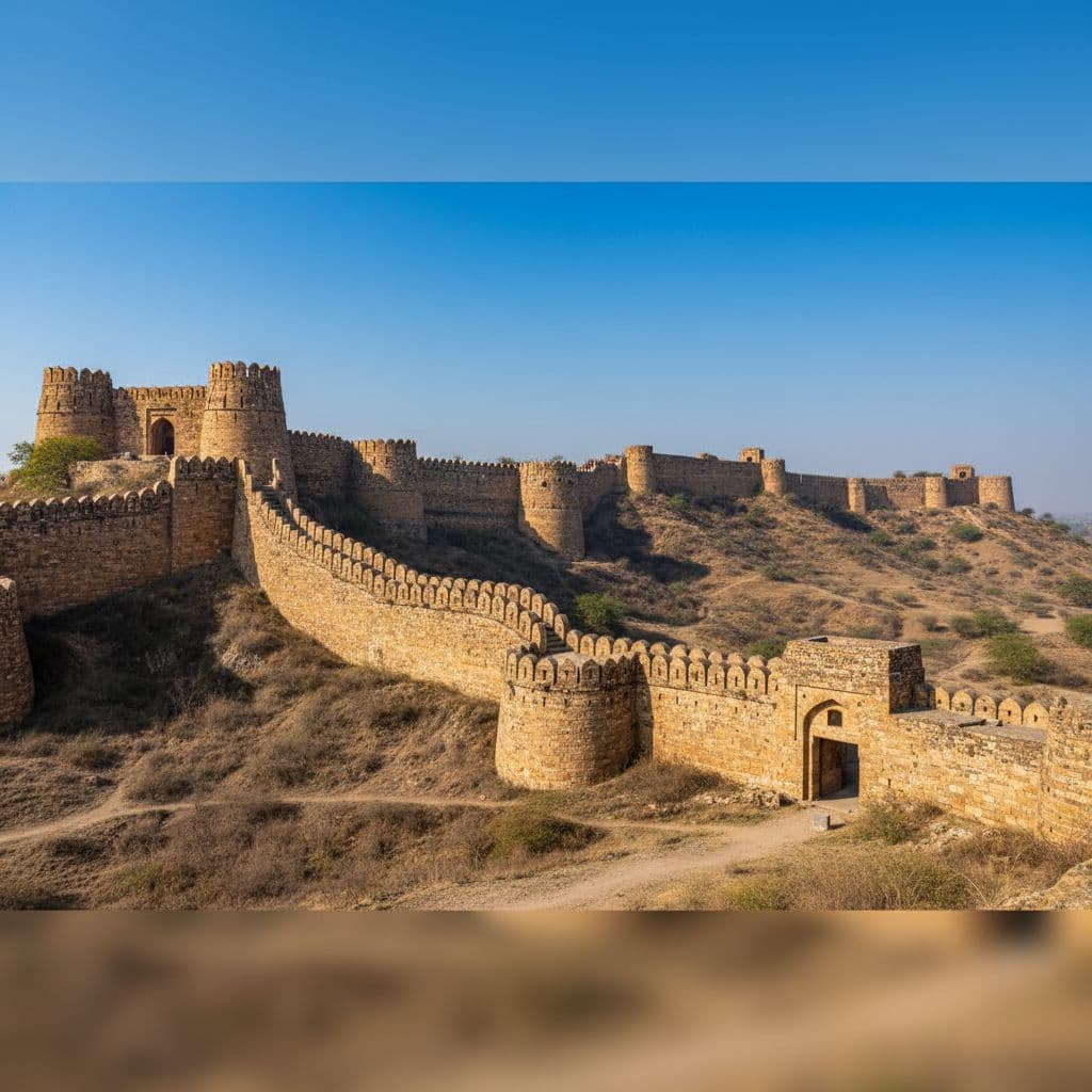 Ancient stone walls of Rohtas Fort stretch across hilly arid landscape on sunny day.