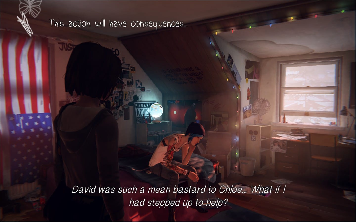 Life is Strange screenshot showing a character in a bedroom with text overlay reading "David was such a mean bastard to Chloe... What if I had stepped up to help?" illustrating the game's what-if mechanic.