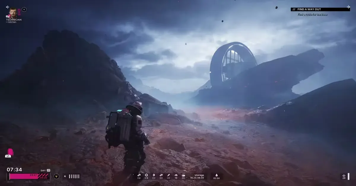 Jan stands on the surface of a hostile alien planet in The Alters, with the base visible in the background and a Find a Way Out objective on screen.