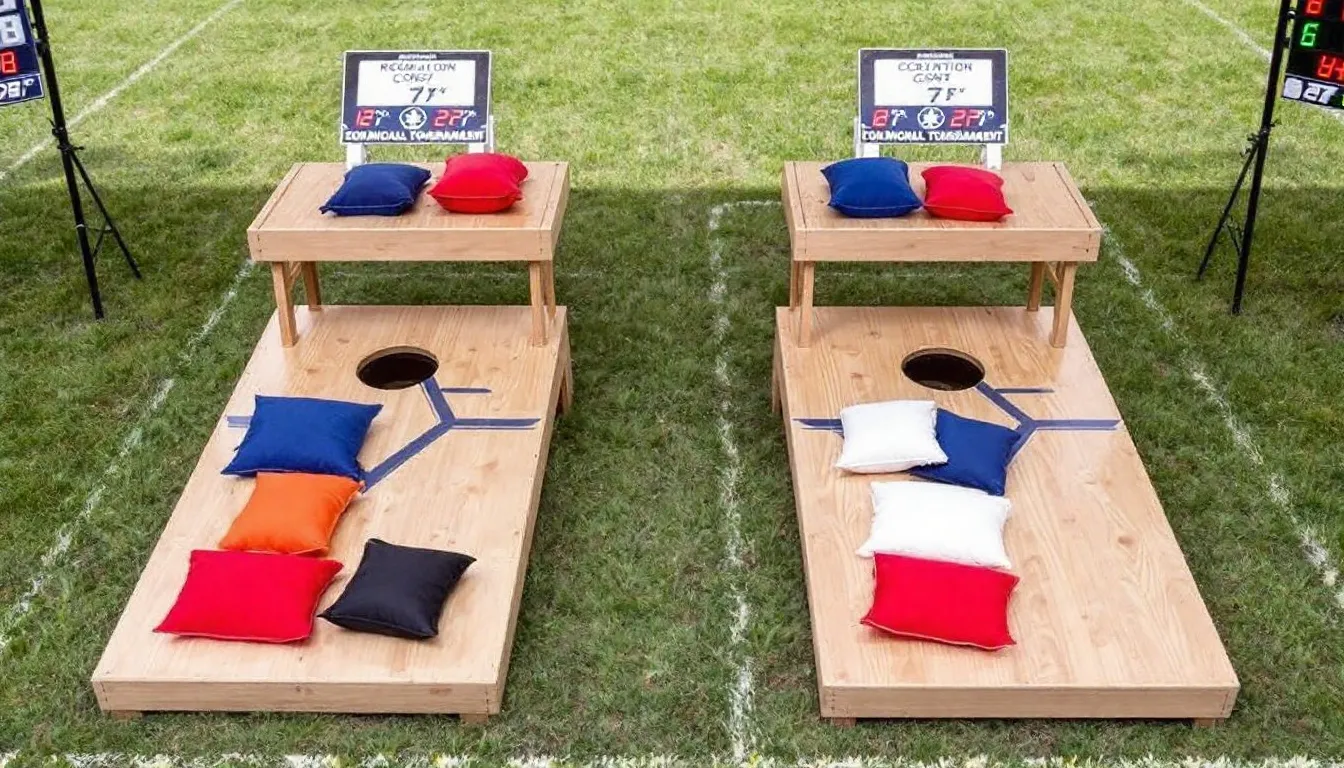 The image depicts an official cornhole tournament setup featuring two regulation size cornhole boards placed at a distance with a smooth wood surface, surrounded by cornhole bags ready for play. The scene is organized according to official cornhole rules, showcasing a fair competition environment for players and teams to enjoy the game.