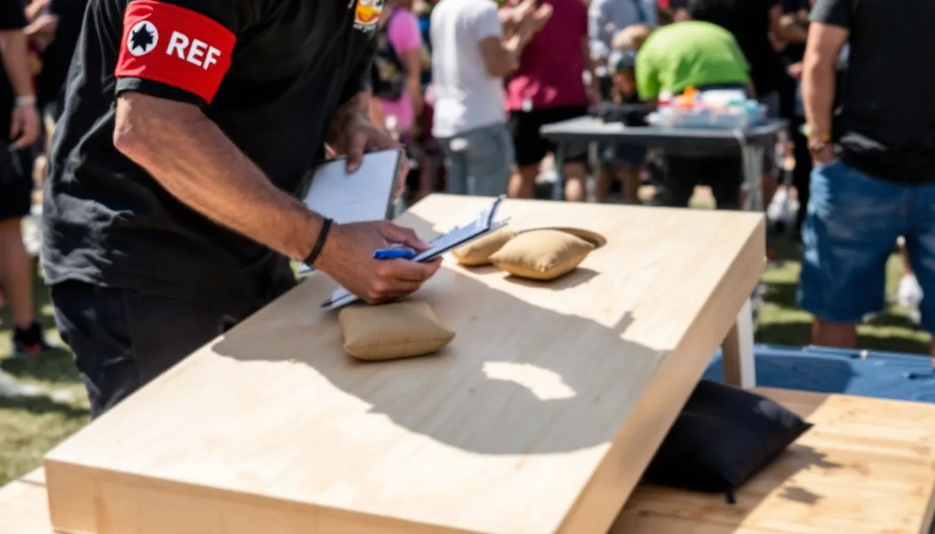 A tournament official is closely examining the positions of cornhole bags on the cornhole board to ensure accurate scoring according to the official cornhole rules. The scene captures the official's focus on determining whether any bags are considered foul bags or if they score points on the playing surface.